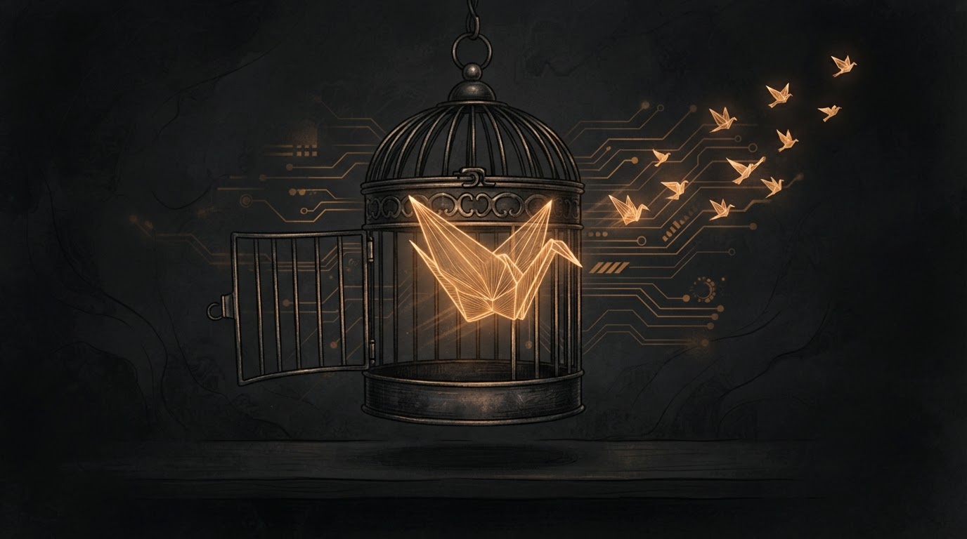 An open birdcage releasing a glowing paper crane — an AI model set free